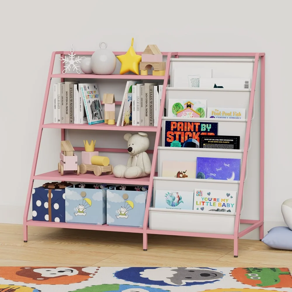 

Montessori Kids Bookcase and Toddler Toys Storage Organizer Children Metal Bookcase with 5 Sling Book Display Rack