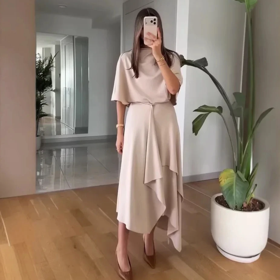 2026 Spring Summer New Fashion Elegant Cape Sleeve Temperament Tie Waist Irregular Ruffle Midi Dress Women