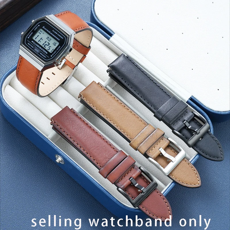 Correa de reloj de piel de vaca con boca convexa para Casio small square A158/A159/A168/AE1200, correa de reloj retro de cuero marrón resistente al agua de 18mm