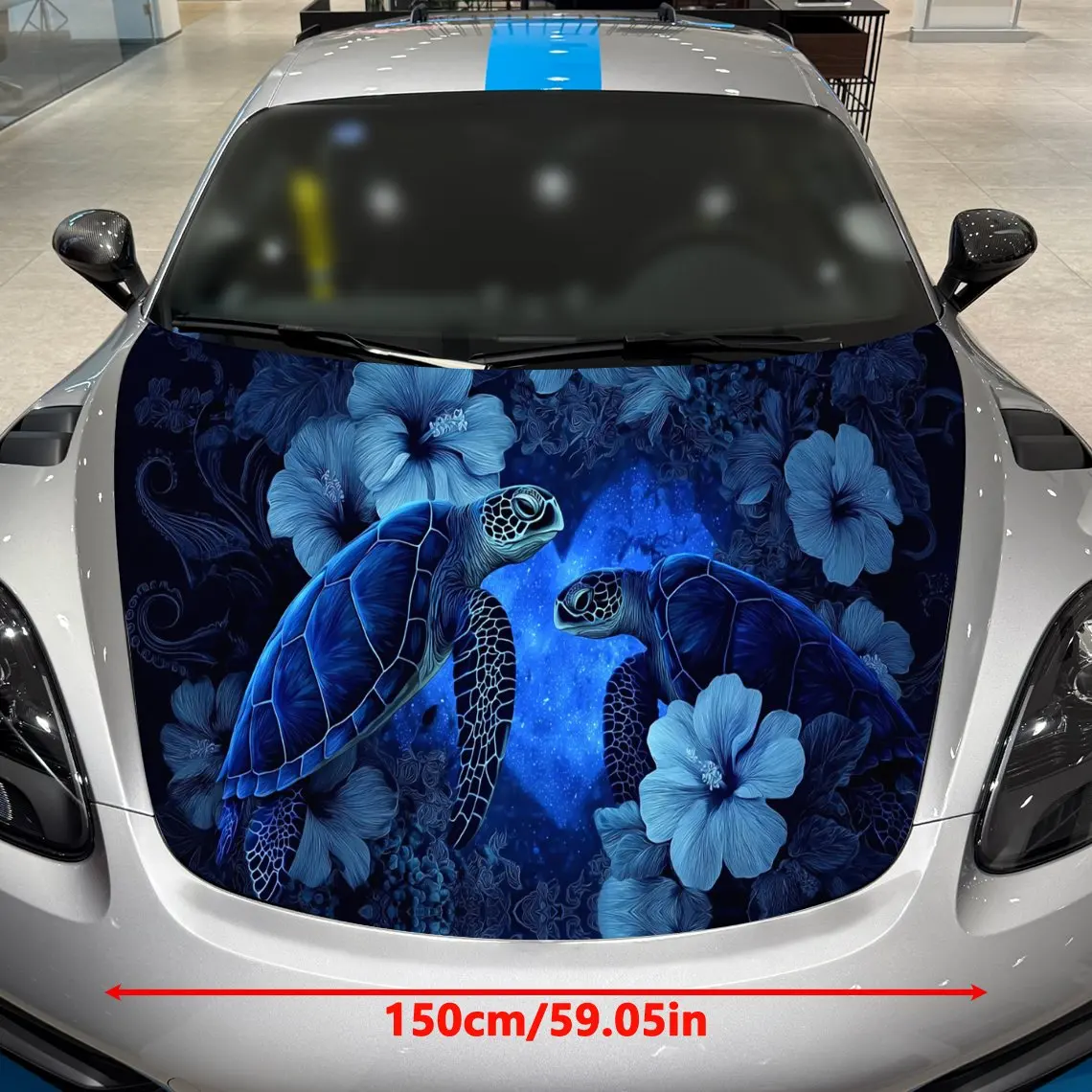 Starry Blue Flower Twin Turtles Car Vinyl Wrap, PVC Material Waterproof Car Hood Sticker, Self-Adhesive Scratch-Resistant Sticke