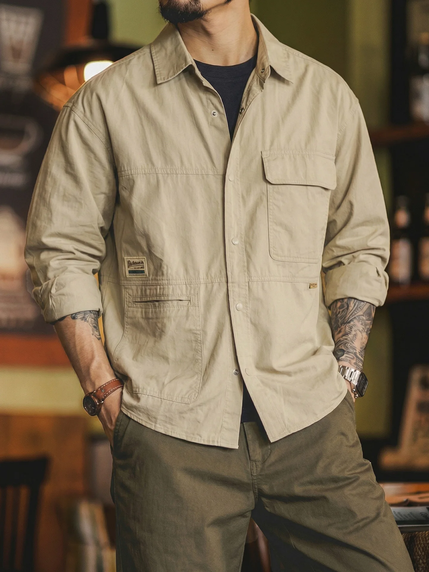 American Retro Workwear Shirt Men's Loose Pure Cotton Multi-Pocket Casual Long Sleeve Shirt Ameika Jacket Outerwear