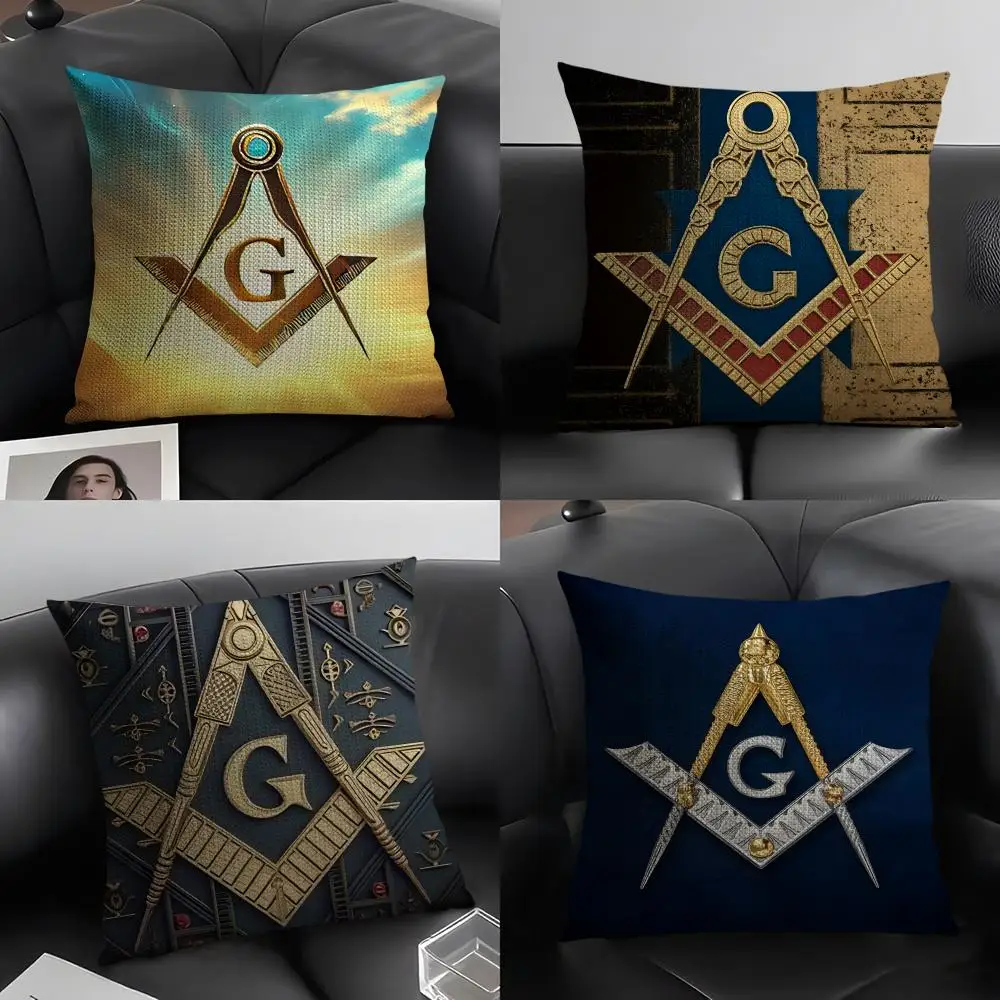 F-Freemasonry Logo Cushion Cover Natural Linen Organic Fabric Double-Sided Printing Sofa Home Decor Gift Pillow Case