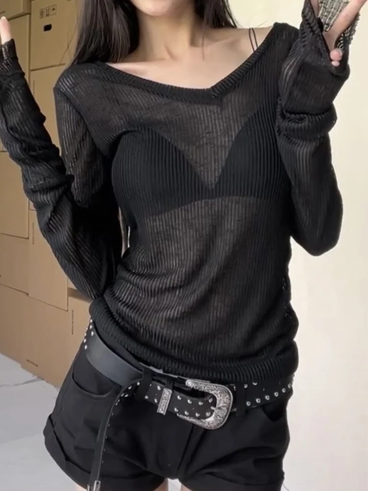 Frauen Langarm T Shirt Dünne Perspektive Sommer Feste Dünne Casual Shirts Weibliche Pullover Grundlegende T Y2k Kleidung Streetwear Top – Detail 10