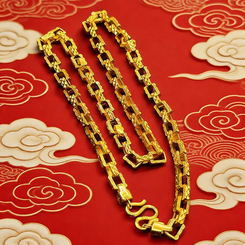 Luxury 9999 24K Solid gold fashionable starry Mika square knight chain jewelry single-row buckle men's necklace sweater chain