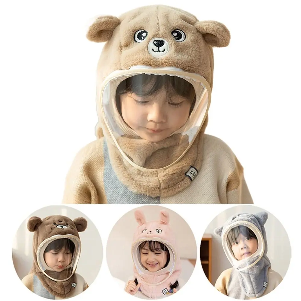 

Cartoon Kids Mask Integrated Hat Warm Shawls Windproof Head Caps with Face Shields High Definition Full Face Mask