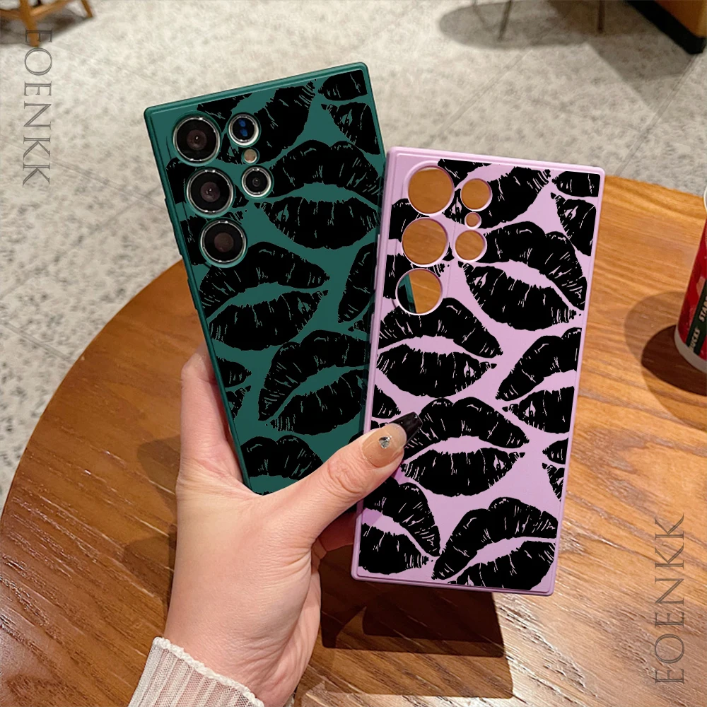 Black Lips Soft Matte Phone Case for  Samsung Galaxy Note 10 20 Lite S25 S24 S23 S22 S21 S20 Ultra FE Plus 5G Anti-fall Cover