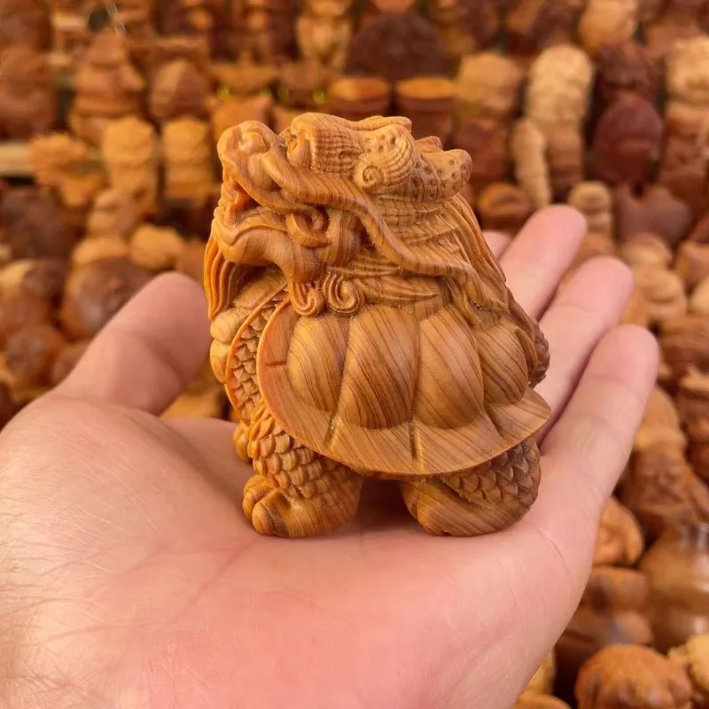 

Hand-Carved Aged Cypress Dragon Turtle Statue - 3.15"x2.76"x2.17" Lucky Feng Shui Figurine Home Decor Gift