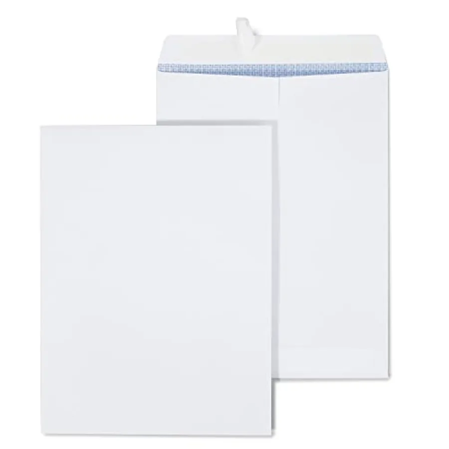 

9 x 12 Self‑Seal Security Tinted Catalog Envelopes, White, Privacy Lining, Peel and Seal Closure, 100/Box