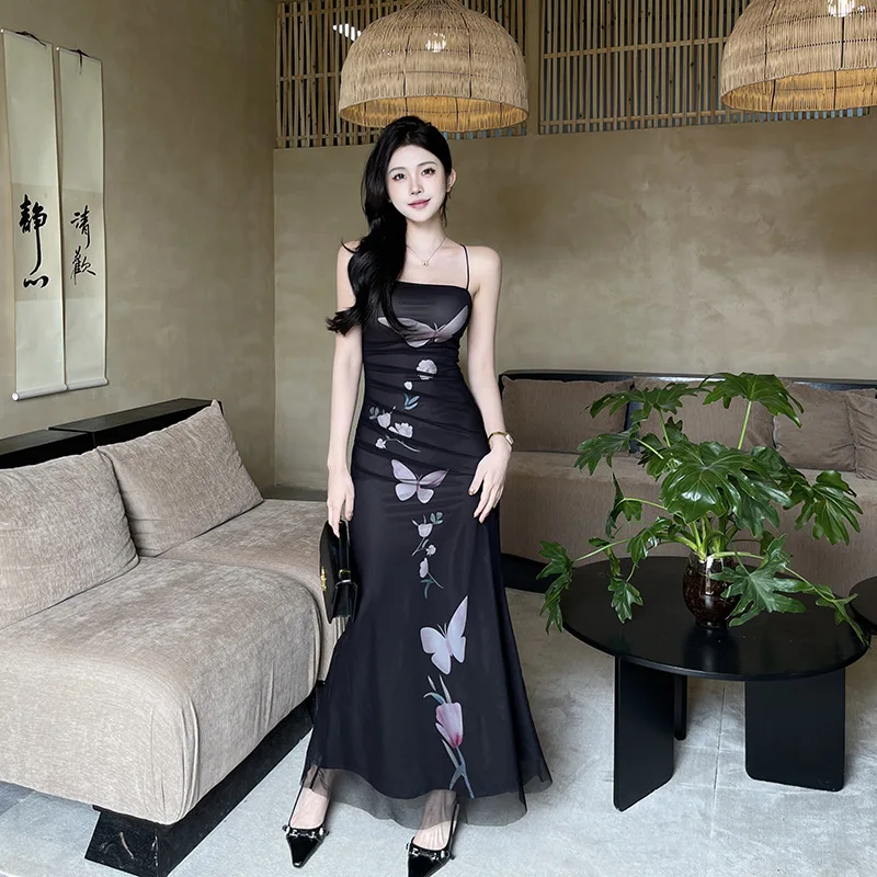 Vestido estampado de malla para mujer, qipao de verano 2025, vestidos largos con tirantes de estilo chino, vestido de mujer