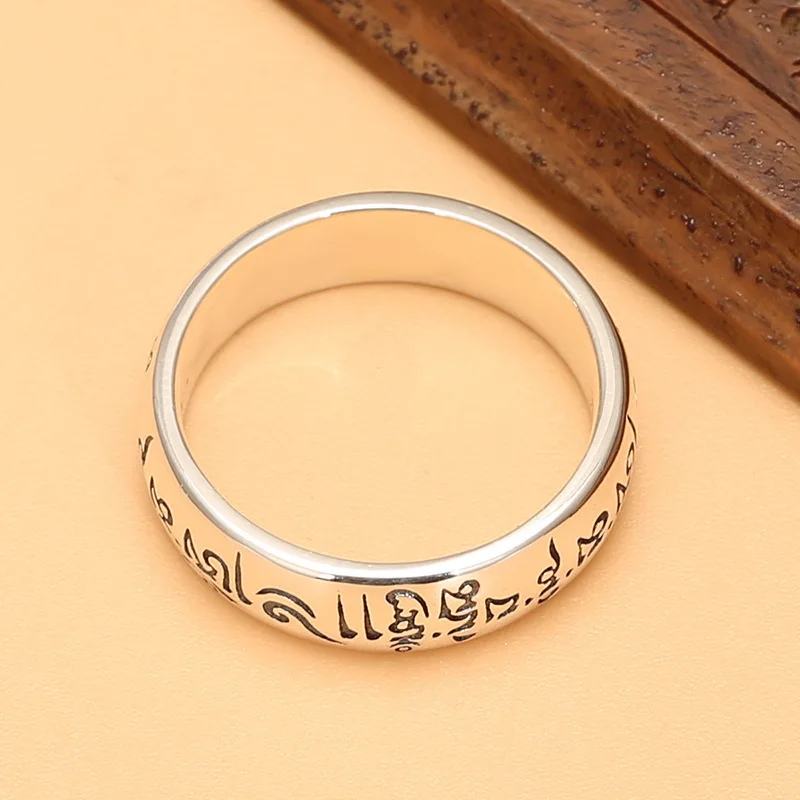 S925 silver retro distressed Thailand silver ring wholesale men's and women's ethnic style six-word mantra index finger ring