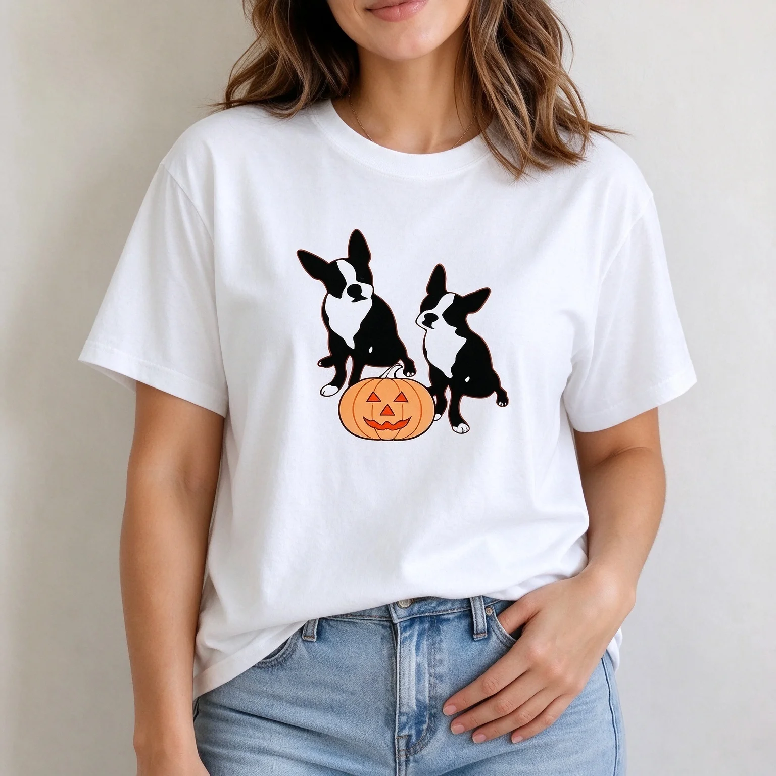 Unisex Short Sleeve T Shirt Two Boston Terrier Dogs Jack O Lantern Pumpkin Halloween Graphic Casual Tee Pet Lover Holiday Gift