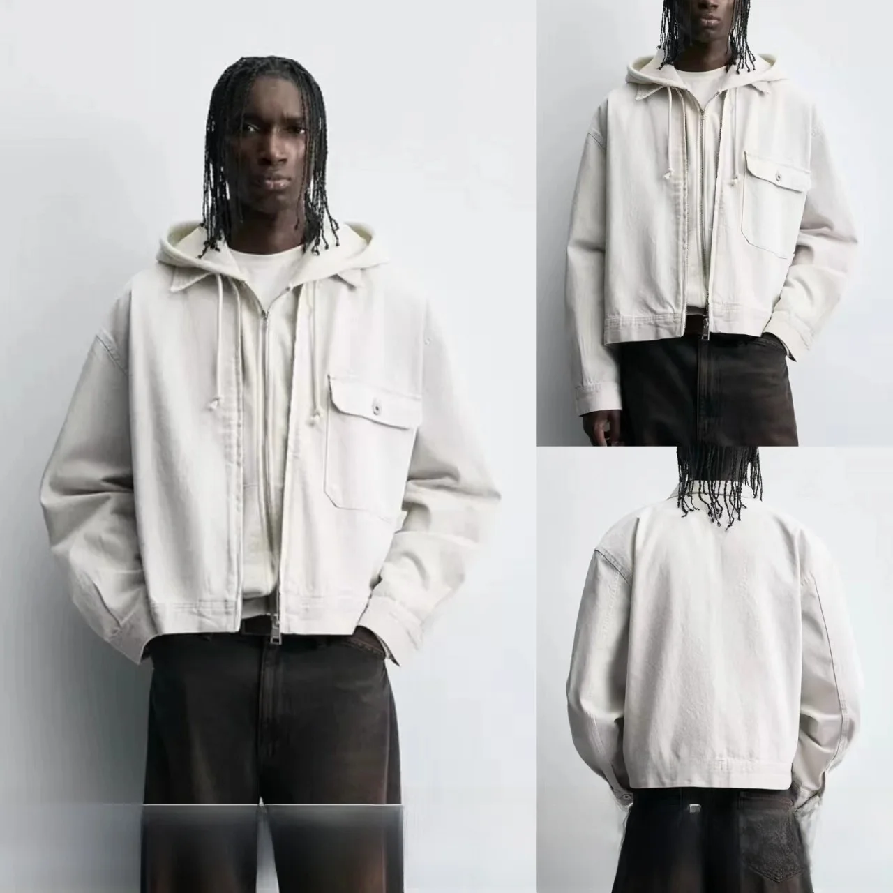 

New Men's Loose Fit Pure Color Waed Denim Jaet ort Sle Turn-down Collar Casual Outerwear Youth Daily Wear Cotton 00%