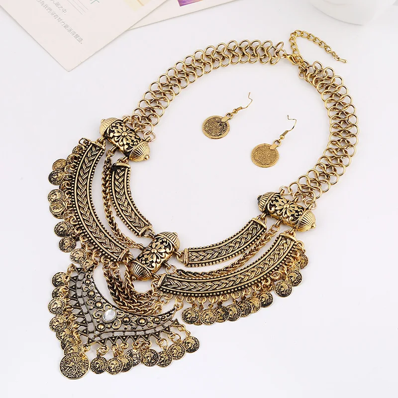 Bohemian Vintage Coin Tassel Statement Necklace Women Baroque Ethnic Style Sliver Color Necklace Party Jewelry Set