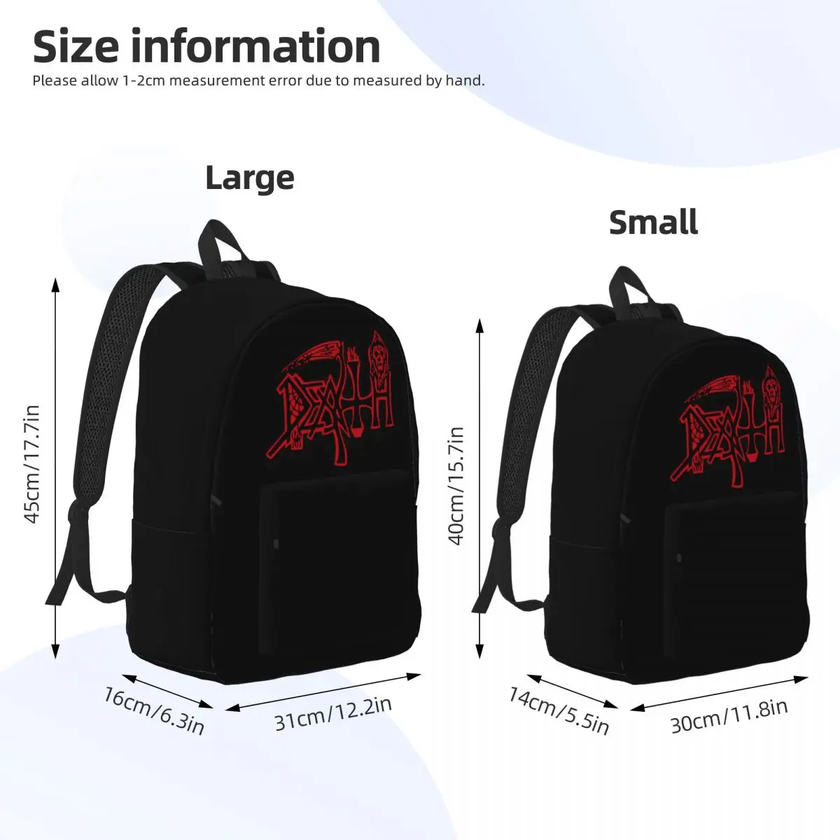 Death Logo Backpack for Men Women Fashion High School Hiking Travel Daypack Rock Band Heavy Metal College Shoulder Bag Durable