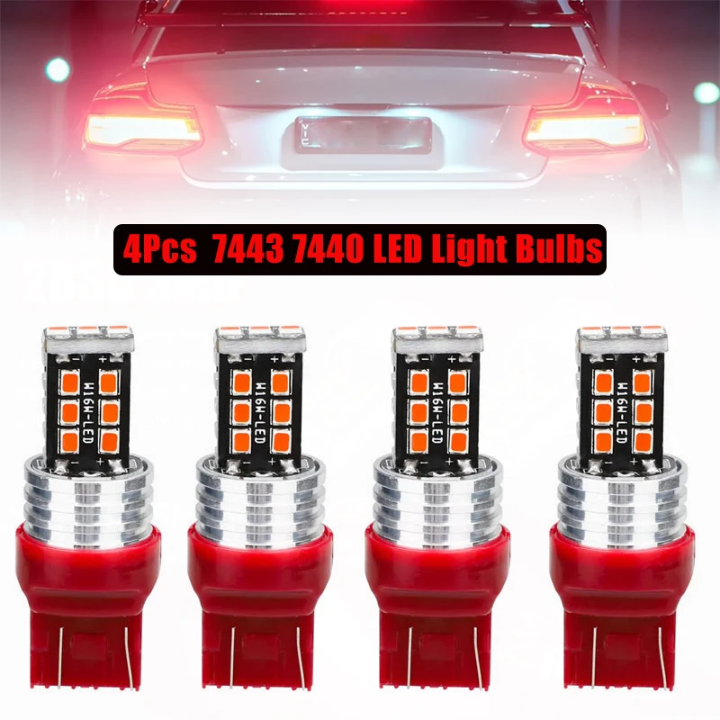 4Pcs 7443 7440 Red Flashing Strobe Blinking Rear Alert Safety Brake Tail Stop Light High Power LED Light Bulbs