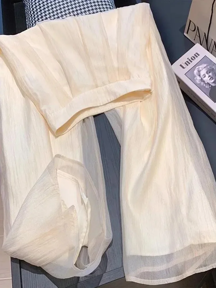 Fashion Mesh Wide Leg Pant Women Loose Sweet High Waist Elegant Trousers Casual Summer Korean Chic Design Female Zipper Pants