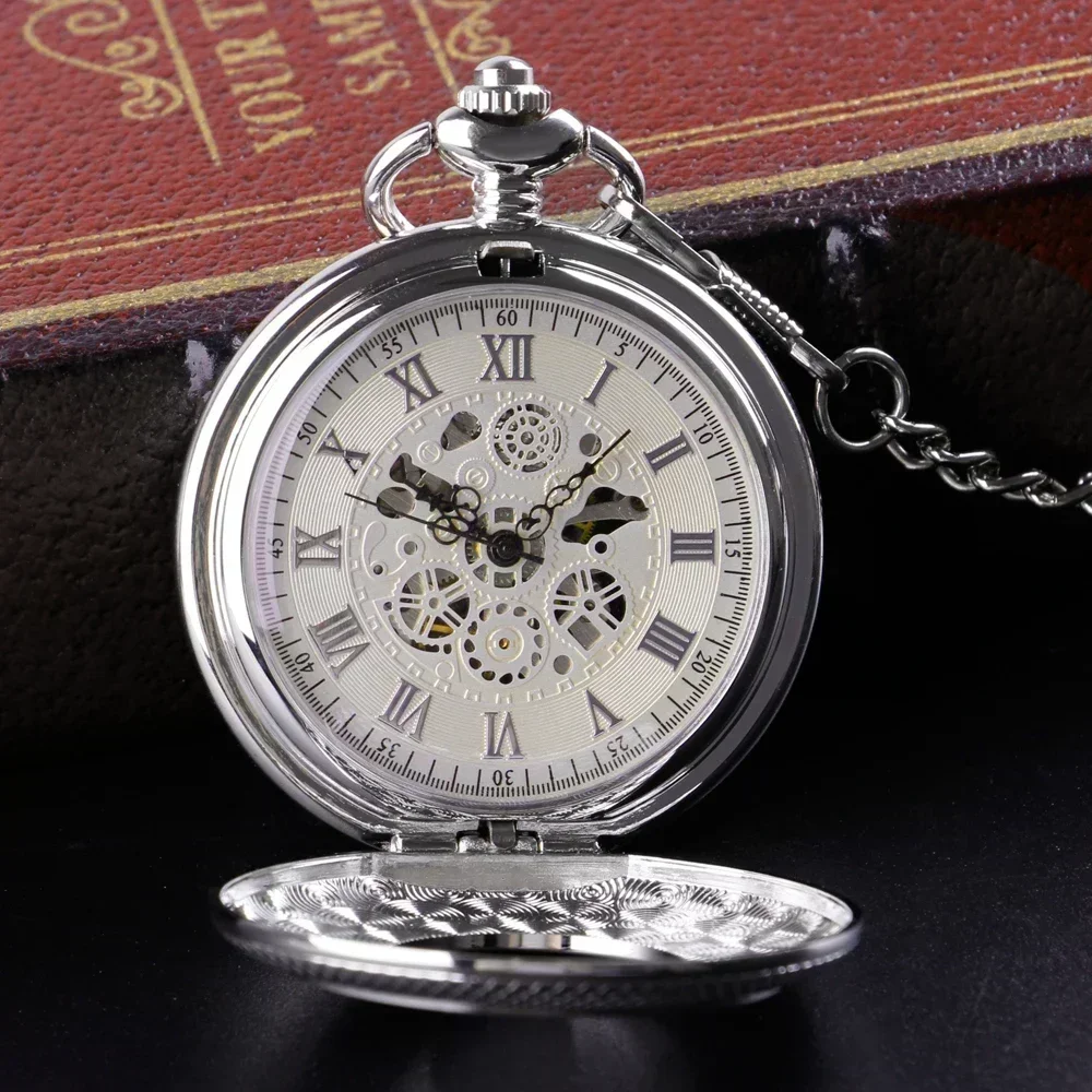 Luxury Silver Mechanical Hand Wind Antique Pocket Watch Exquisite Blue Roman Numerals Display Skeleton Pendant Clock Gifts