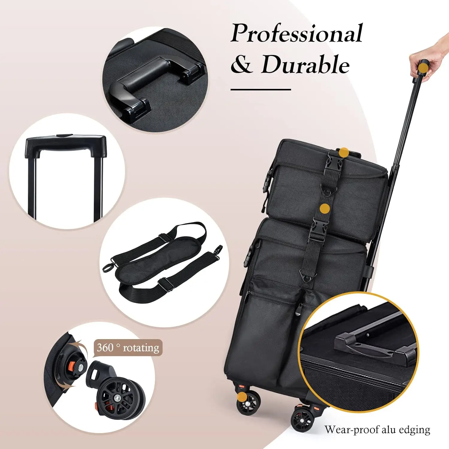 حقيبة مكياج احترافية متدحرجة لأخصائيي التجميل، منظم سفر محمول بعجلات ومقصورات تخزين