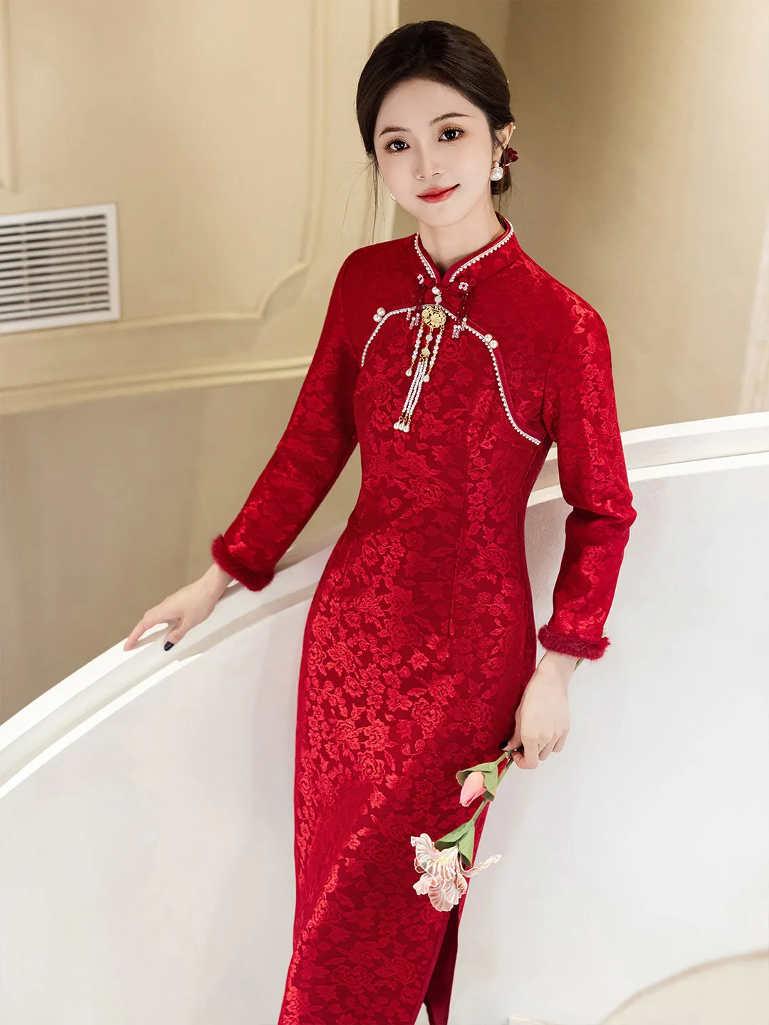 

Red Lace Wedding Dr Thiened Floing Winter New Chinese Sle Long Sve Mid-Length Qipao for Engagement And Wedding