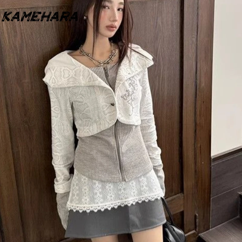 

KAMEHARA American Retro Patchwork Knitted Hooded Sweatshirt Jacket Autumn High-end Feeling Y2k Spicy Girl Slim Fit Short Jackets
