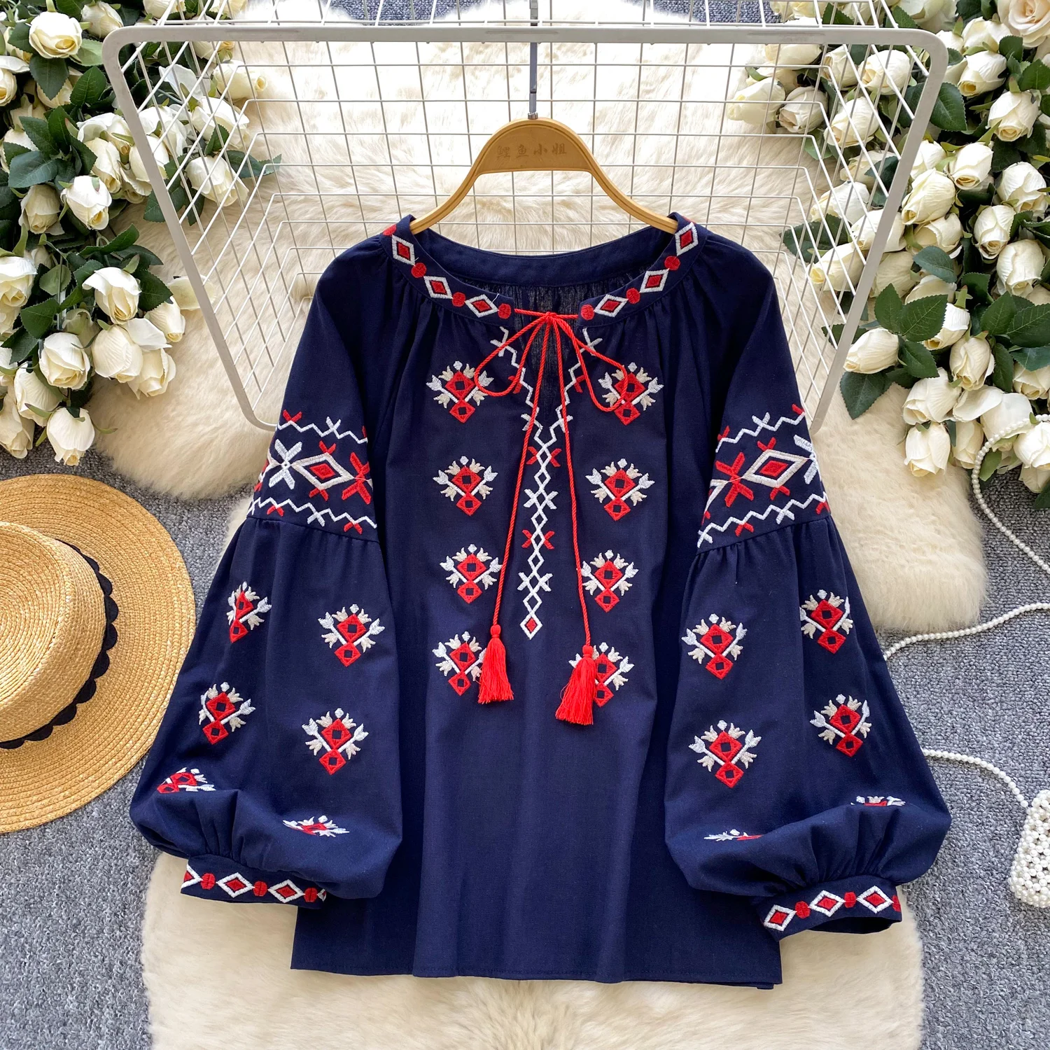 

Vintage Basics lantern sleeve O-Neck long sleeve Top office lady French Streetwear High Street Blouse