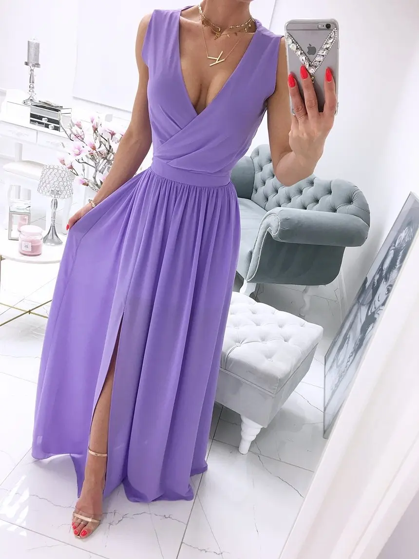 Summer New Sleeveless Solid Color V-neck Dress Women Pullover Polyester High Waist Dress