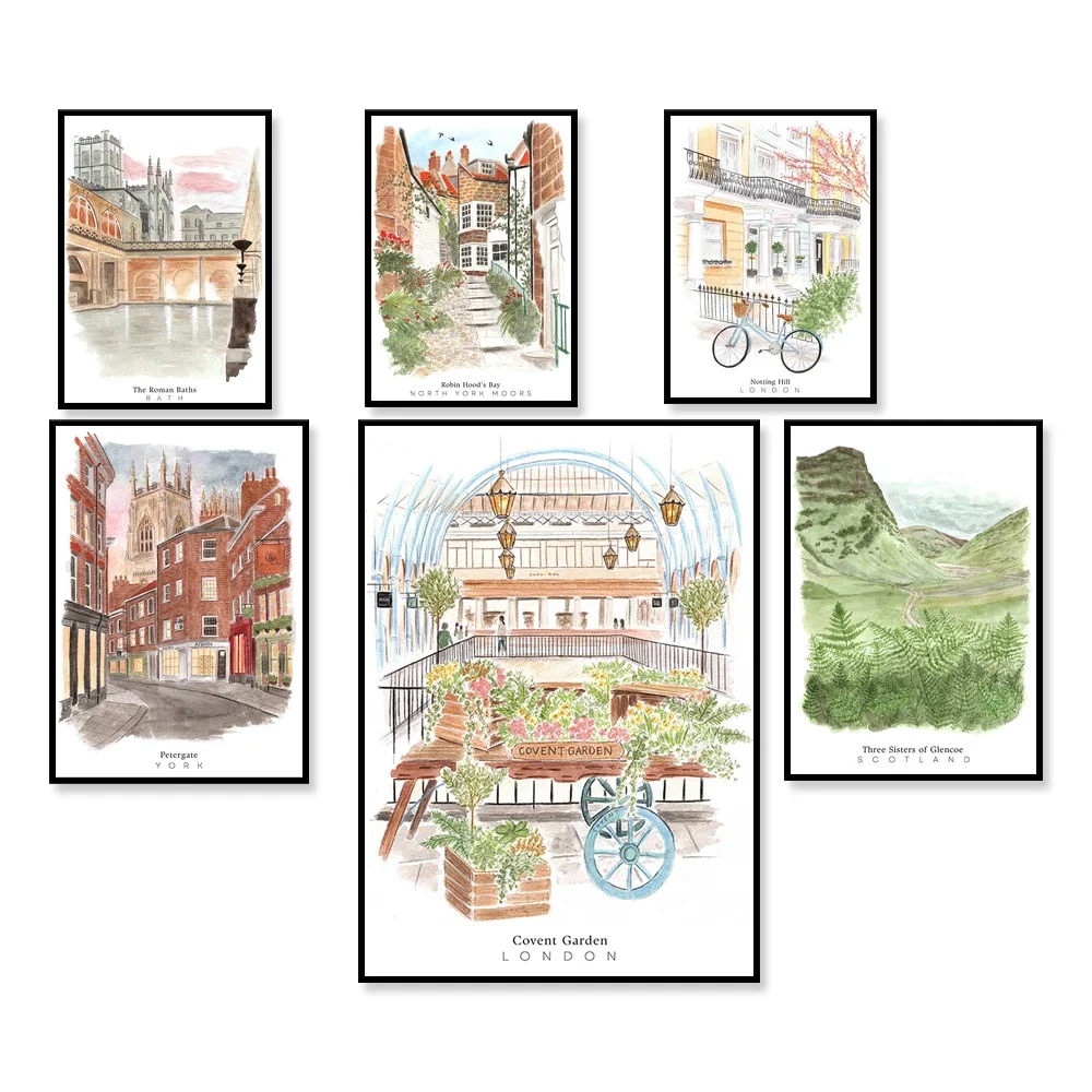 Baños romanos, Robin Hood Bay Yorkshire, Jardín encubierto de Londres, Leeds, Headingley, Oatley Road, Póster de viaje en acuarela de Yorkshire