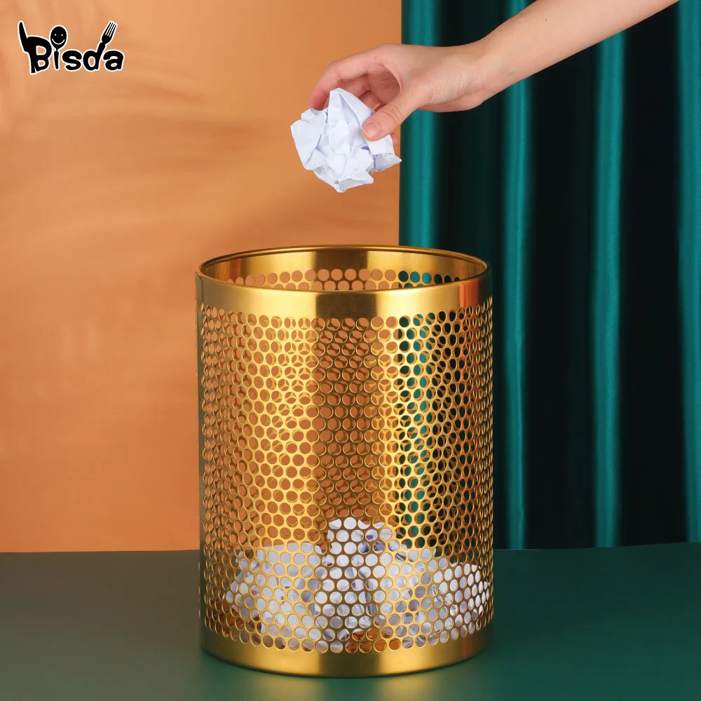 1Pc Stainless Steel Kitchen Trash Can Office Gold Mesh Trash Bin Home Waste Bin Car Storage Bucket Living Room Garbage Basket