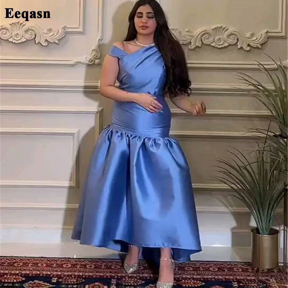 

Eeqasn Blue Saudi Arabia Satin Evening Dress Tea Length One Shoulder Dubai Formal Celebrity Prom Gowns Mermiad Party Dresses