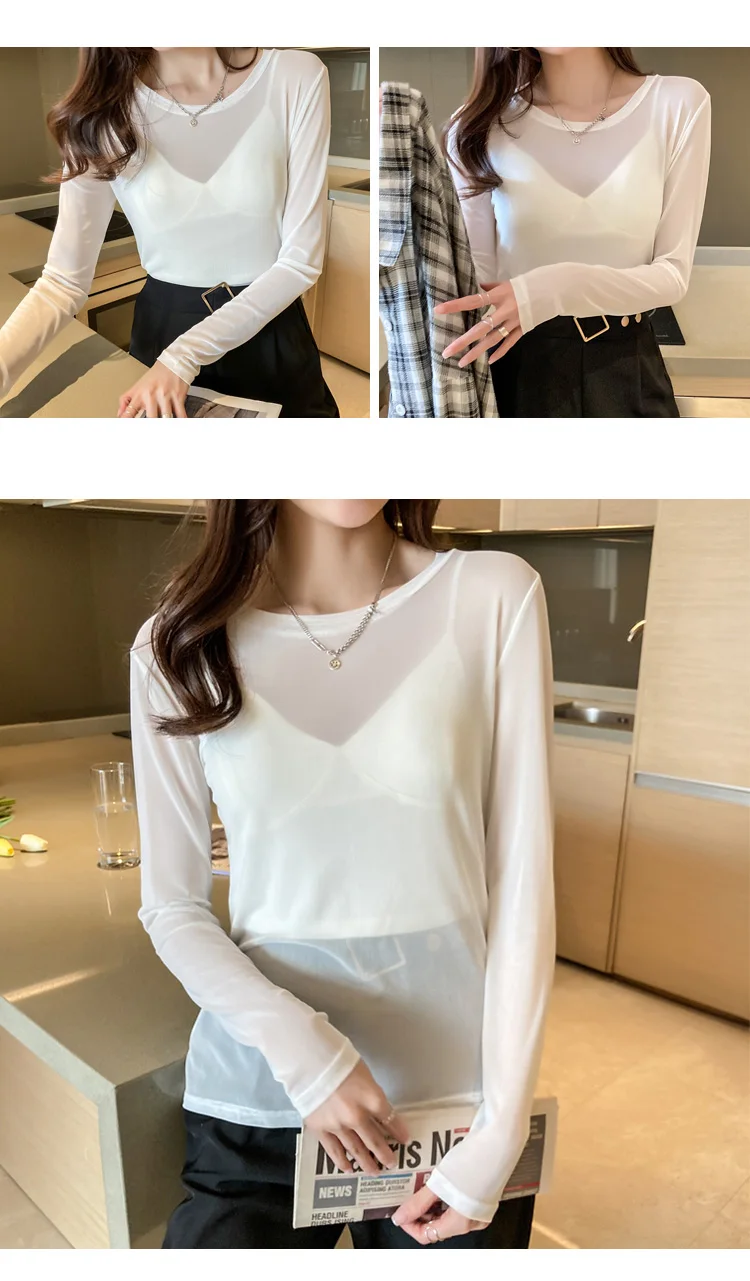 Sexy Women T Shirt See Through Transparent Mesh Tops Long Sleeve Sheer Slim Ladies O-neck Color Silk T-Shirt Lace Crop Top