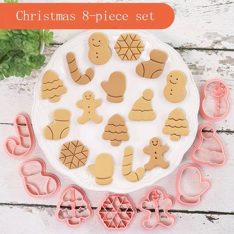 8 Pcs/set Cookie Cutters Plastic 3D Christmas Cartoon Pressable Biscuit Mold Cookie Stamp Kitchen Baking Pastry Bakeware