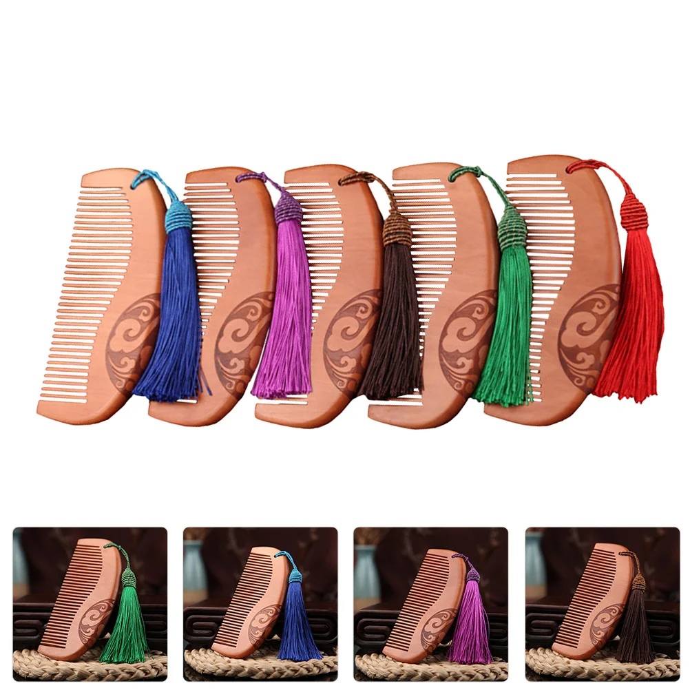 

5pcs Carved Auspicious Clouds Peach Wood Comb Retro Smooth Handle Scalp Massage Tassel Decor Wooden Hair Styling Comb Hair Care