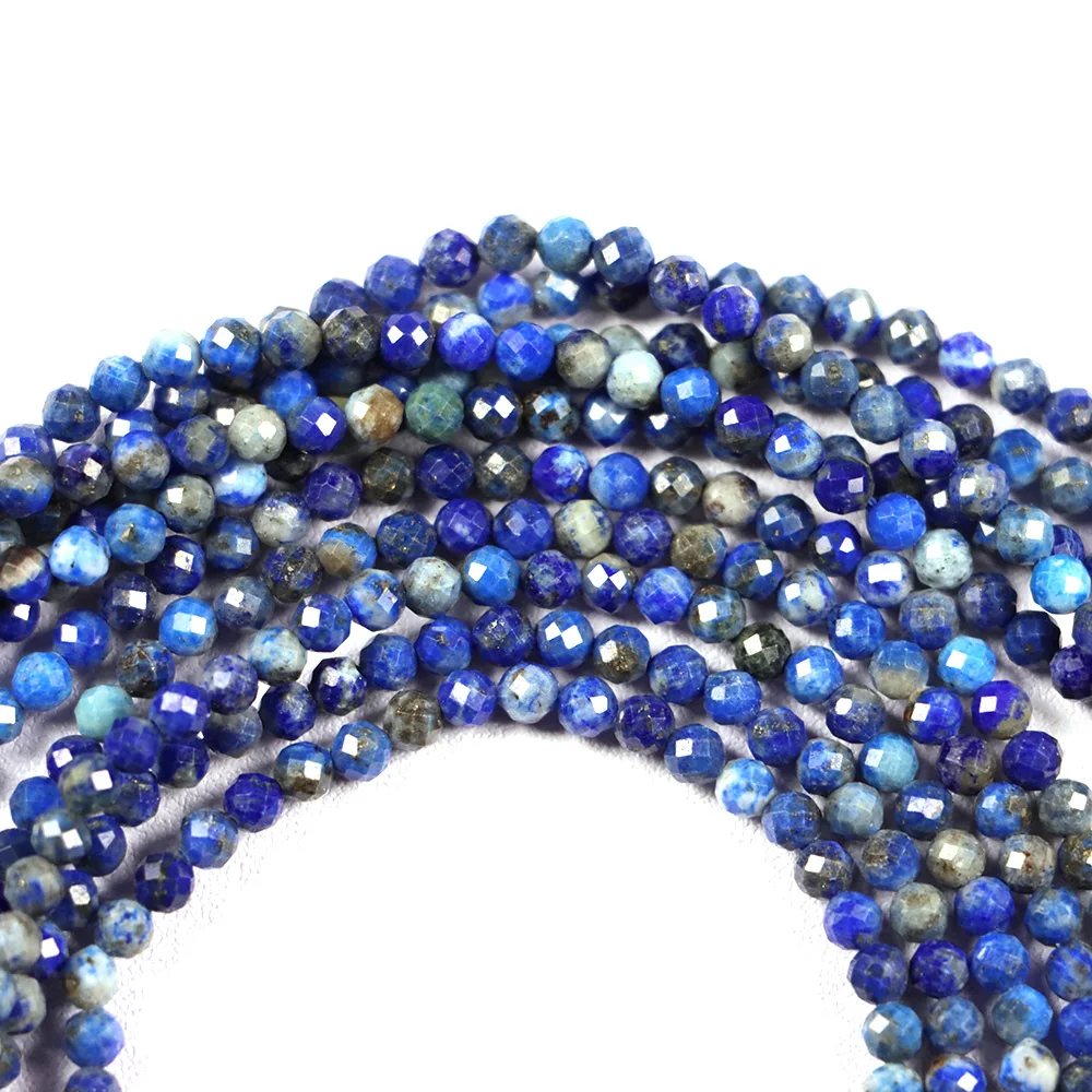 Natural Faceted Lapis Lazuli 2/3MM Small Tiny Round Loose Strand Stone Beads For Jewelry Making Bracelets Necklace Accessories