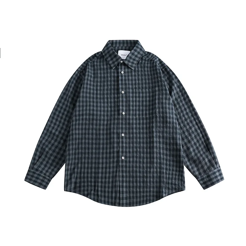 

Spring Long-Sleeved Shirt Men'S New Japanese Retro Casual Cotton Contrast Color Plaid Lapel Loose Neutral Shirt