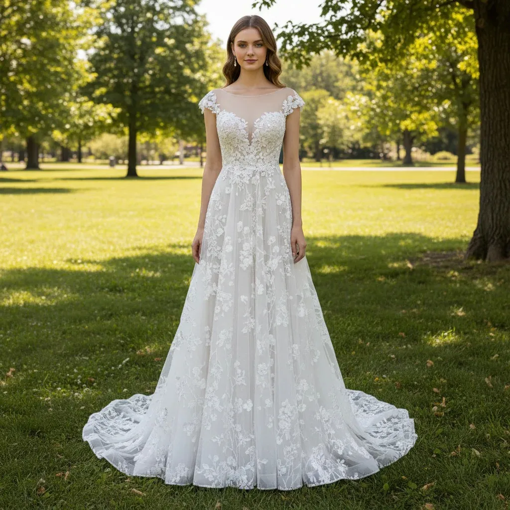 

Свадебное платье Rosymae с короткими рукавами и глубоким V-образным вырезом, кружевное платье трапециевидной формы с прозрачным вырезом для невест