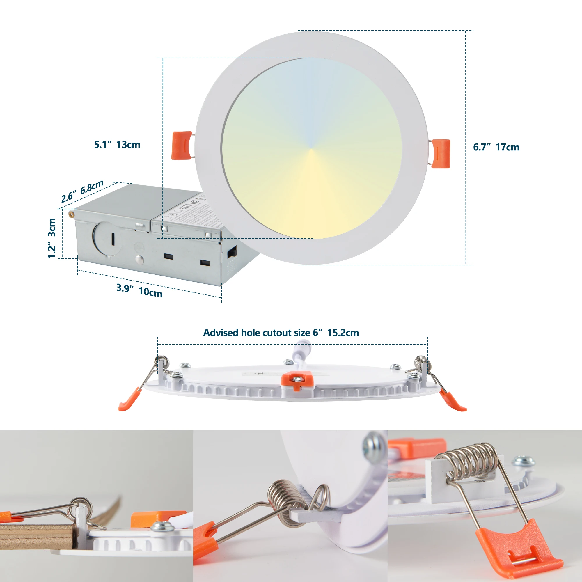 6-calowe oprawy sufitowe LED do wbudowania, 12 sztuk ultracienkich z skrzynką przyłączeniową, 5 opcji temperatury barwowej 2700–5000 K, możliwość przyciemniania