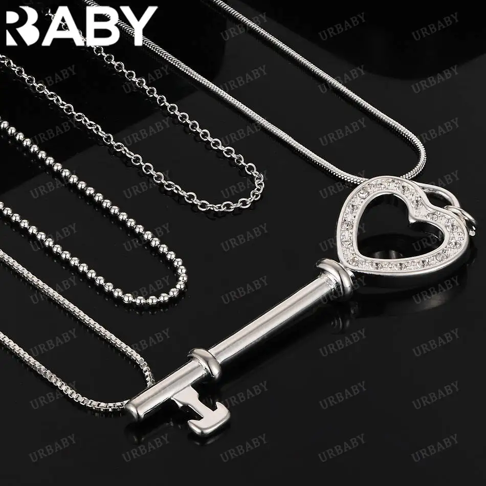 URBABY 40-75cm 925 Sterling Silver Zircons Key Pendant Necklace For Women Creativity Gifts Street All-match Party And Daily Wear