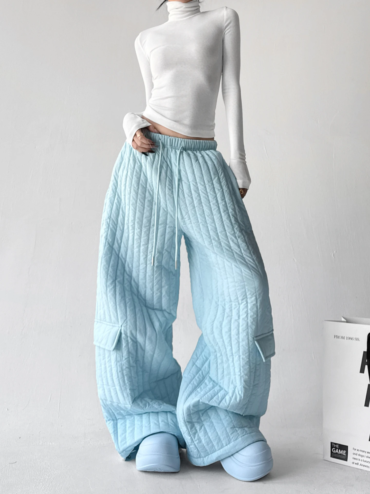 Korean Style Women's Casual Pants Cotton Sandwich Warmth High Waist Straight Leg Pockets Polyester Fiber Winter Fashion