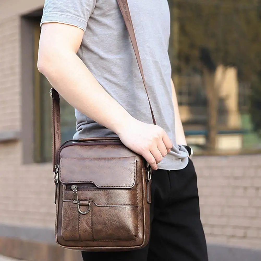 Men's Vintage PU Leather Crossbody Shoulder Bag Multi-Pocket Design for Daily Carry Glossy PU Material with Stylish Retro Look