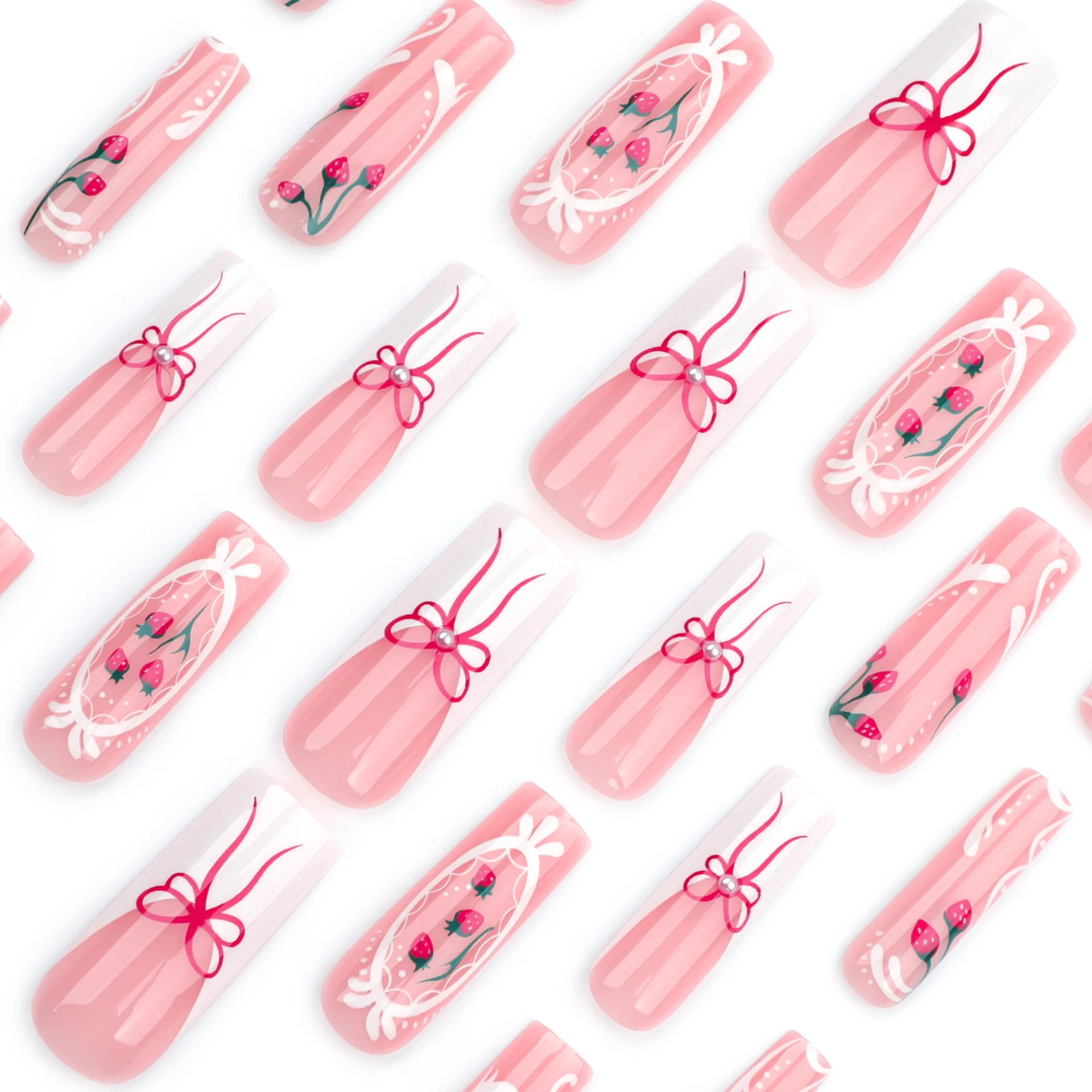 24pcs Sweet Girl Falso Prego Dicas Brilhante Rosa Branco Estilo Francês Imprensa Em Prego Com Stawberry Bowknot Impresso Bailarina Manicure