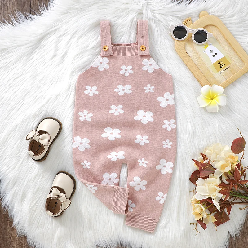 Infant Baby Girl Rompers Jumpsuits 0-18m Newborn Pink Floral Knit Playsuits Overall All Seasons Outwear Toddler Outfit One Piece