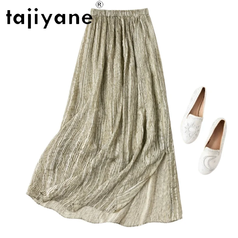 TAJIYANE 58.2% Mulberry Silk Women's Skirts Moss Green Tie-Dye Straight Skirt Side Slit Long Skirts Summer Woman Clothes 2026 치마