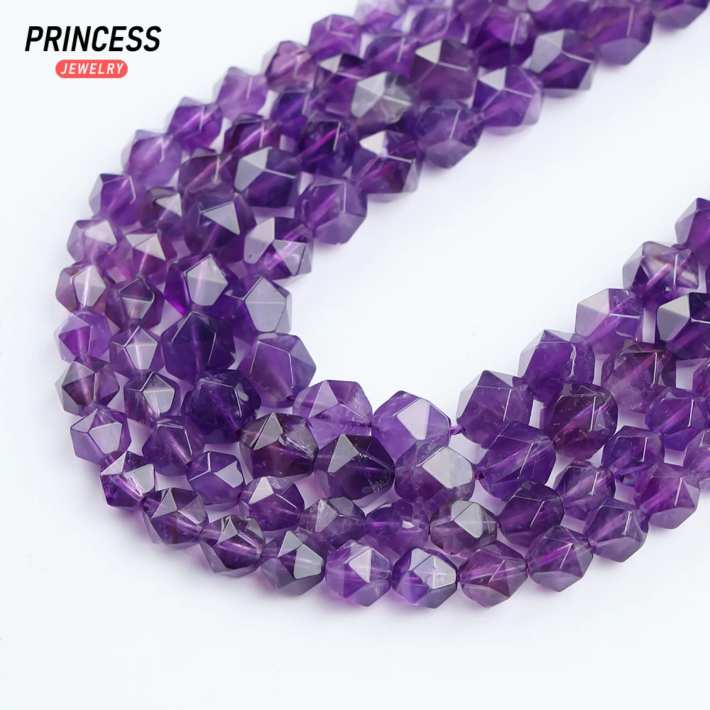 A++ Natural Amethyst Diamond Star Faceted Cut 6 8 10mm Loose Gemstone Beads for Jewelry Making Bracelet DIY Accessories