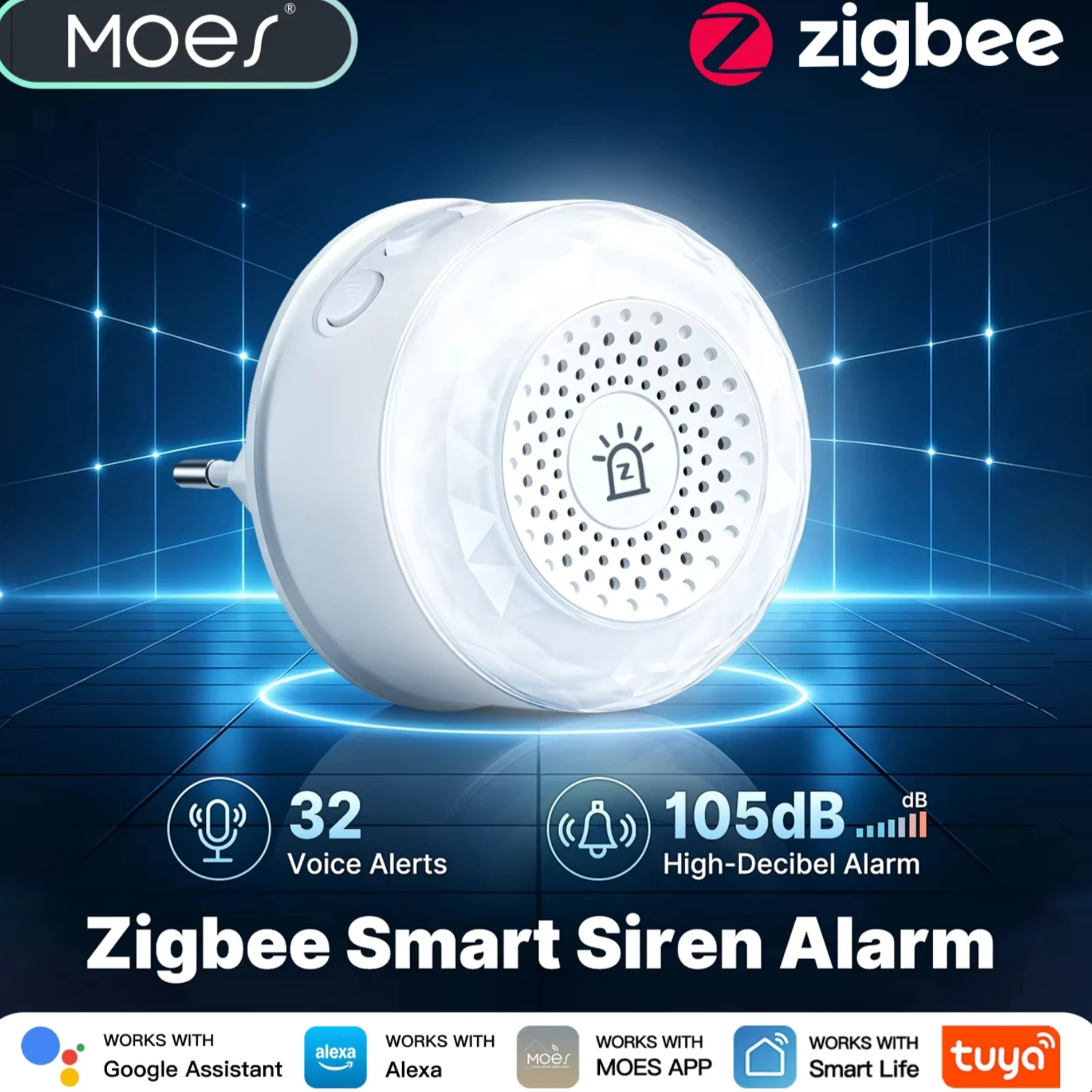 MOES Tuya Zigbee Plug-in Smart Siren Alarm RGB Breathing Light Voice Alerts High Decibel Work with Alexa Google Home Security