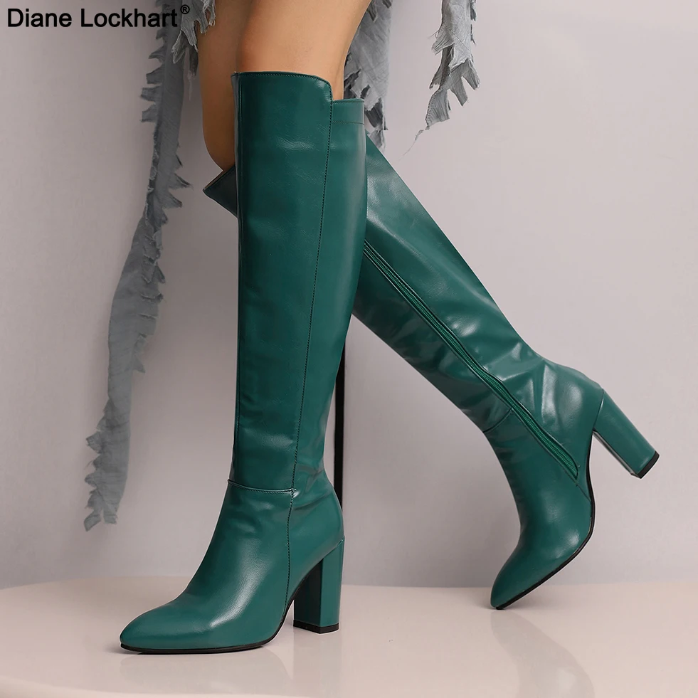 Elegant Knee High Boots Women 2024 Autumn Winter Women\'s High Boots Zipper Heels White Green Long Shoes Ladies Large Size 48