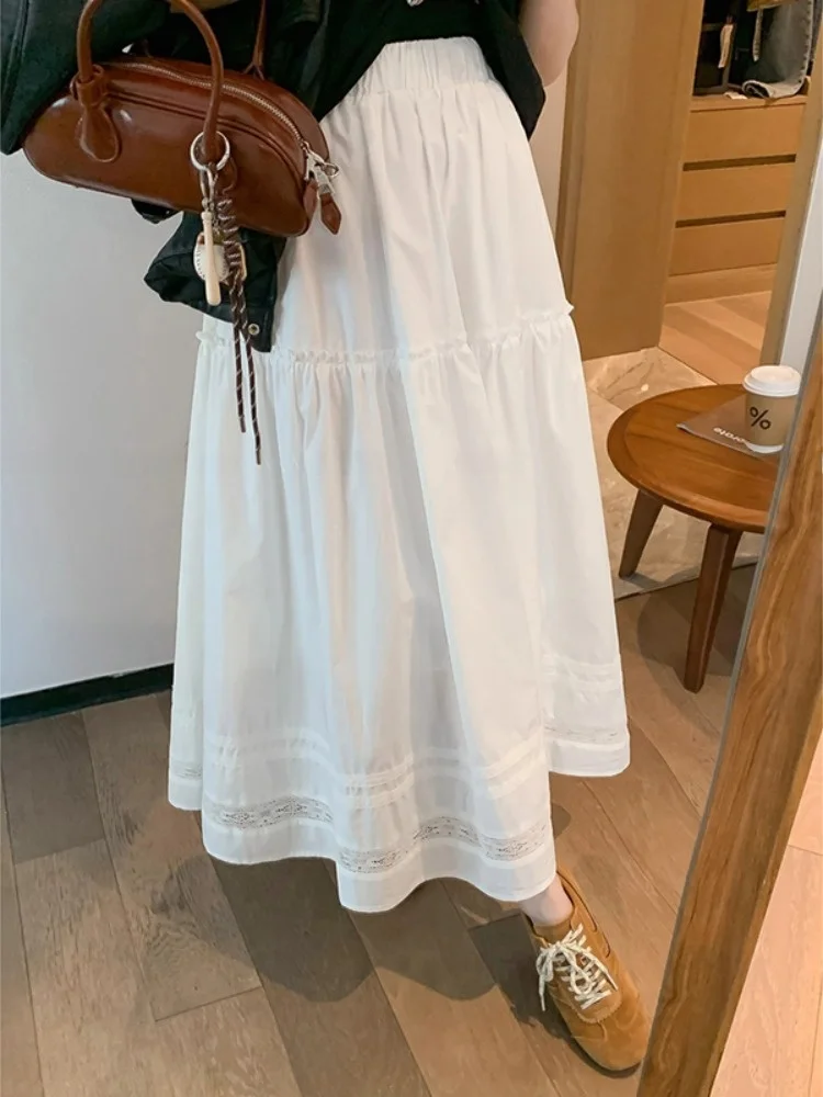 

White Lace Splice A-Line Midi Skirt Women's Spring Summer New Design Loose Small Size Mid-Length Skirt Sweet Sle High Waist...