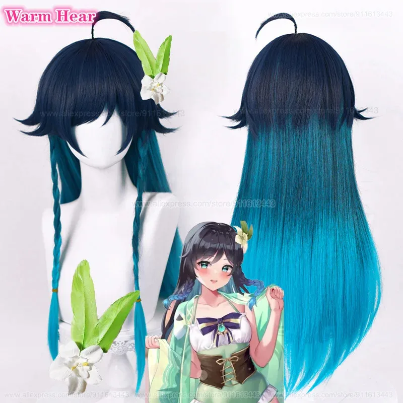 

Парик для косплея Venti, длинные синие градиентные женские парики Venti, термостойкие волосы, вечерние парики для Хэллоуина, парики в стиле аниме + шапочка для парика