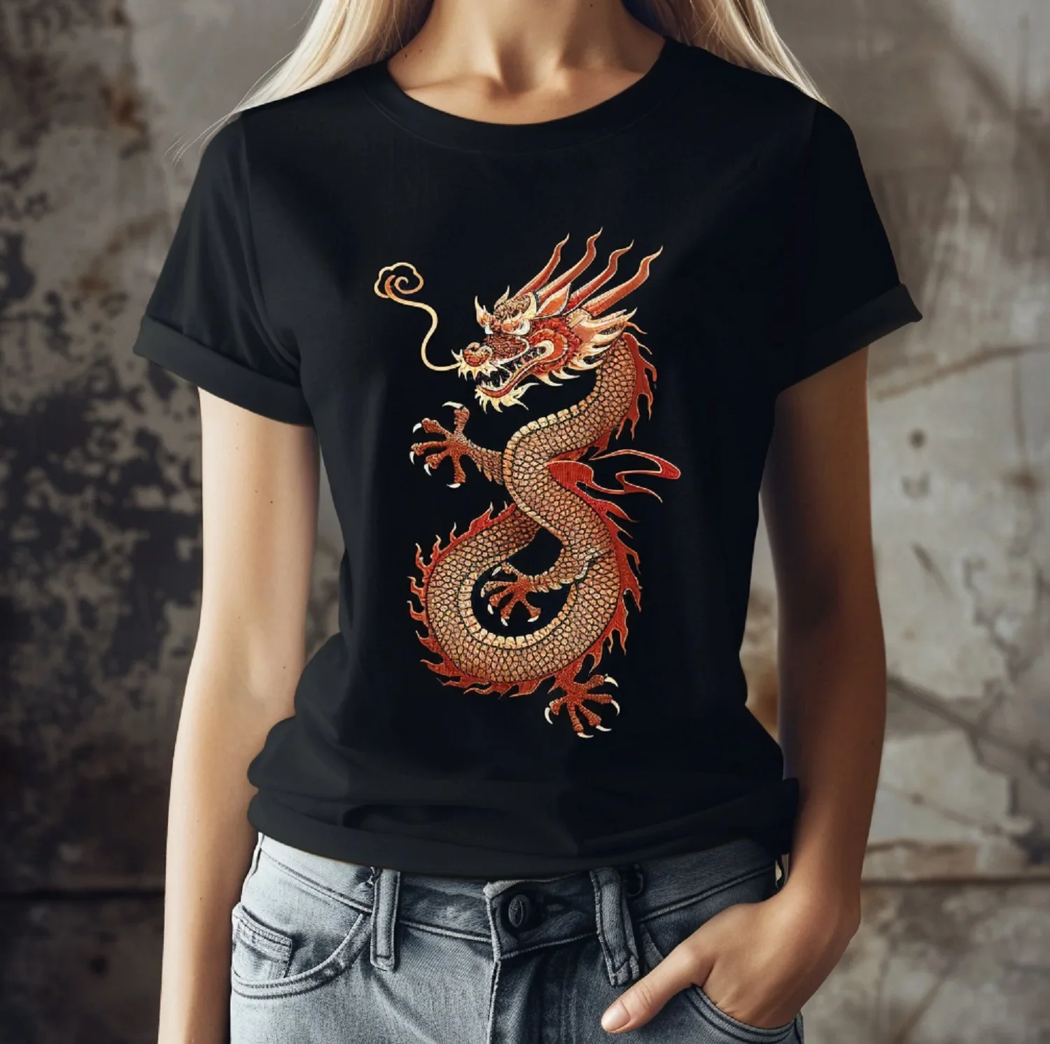 Funny Mystical Dragon Look with Black Tee Lover Gift T-Shirt Men Women Vintage Clothes Graphic T Shirts  Streetwear Harajuku