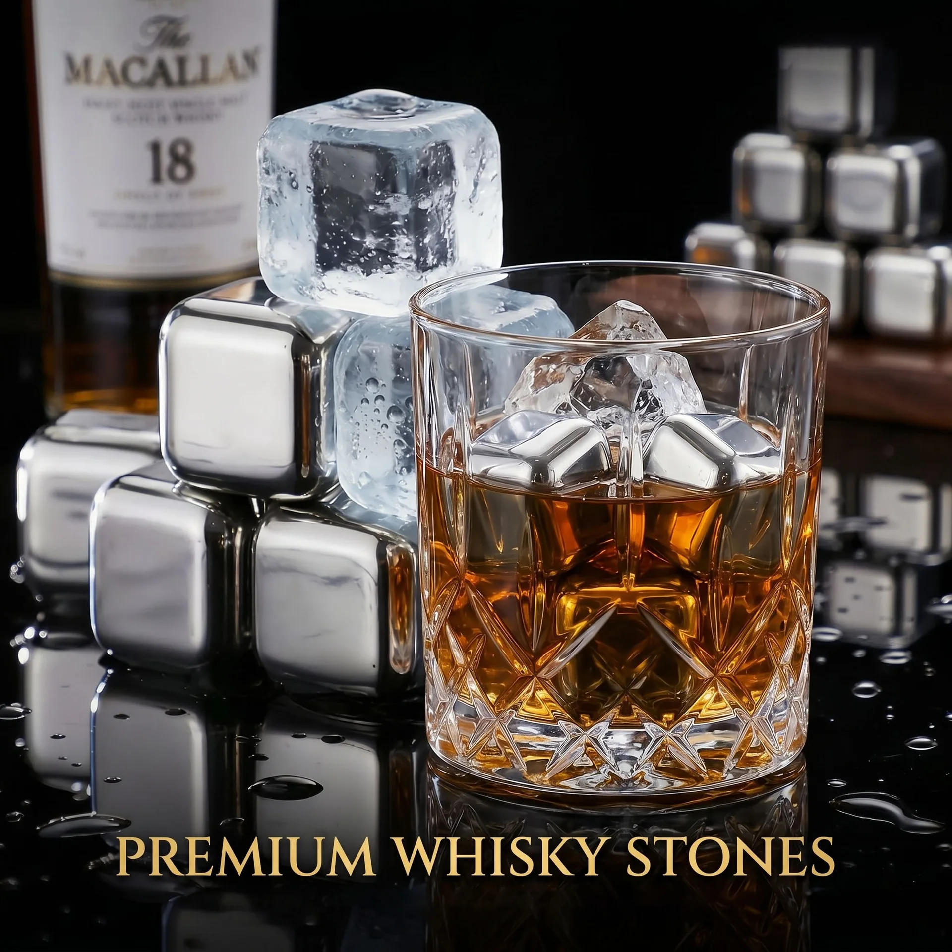 D9 Stainless Steel Whiskey Stones Reusable Whiskey Ice Cubes Chilling Stones Refreezable Metal Cooling Chilling Whisky Bar Rocks