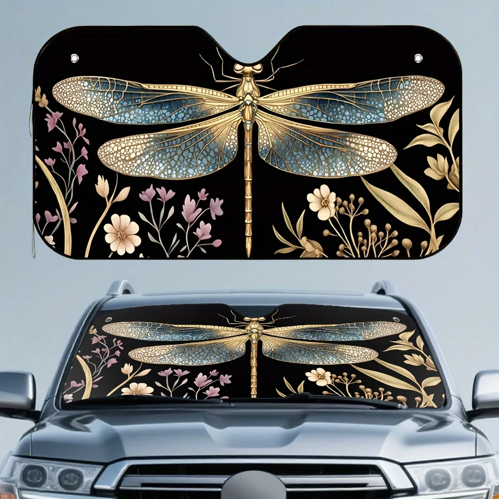 1pc Dragonfly Garden Magic Car Sun Visor - Fit Sun Glare Reduction Visor With Blue & Golden Dragonfly Floral Design, Elegant Car